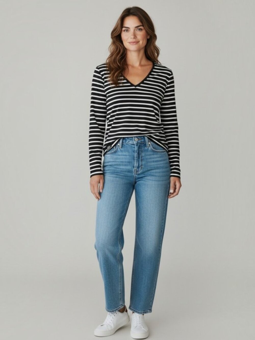 Lauren Jeans Co. Women's Long Sleeve Shirt Black White Striped V Neck Medium EUC